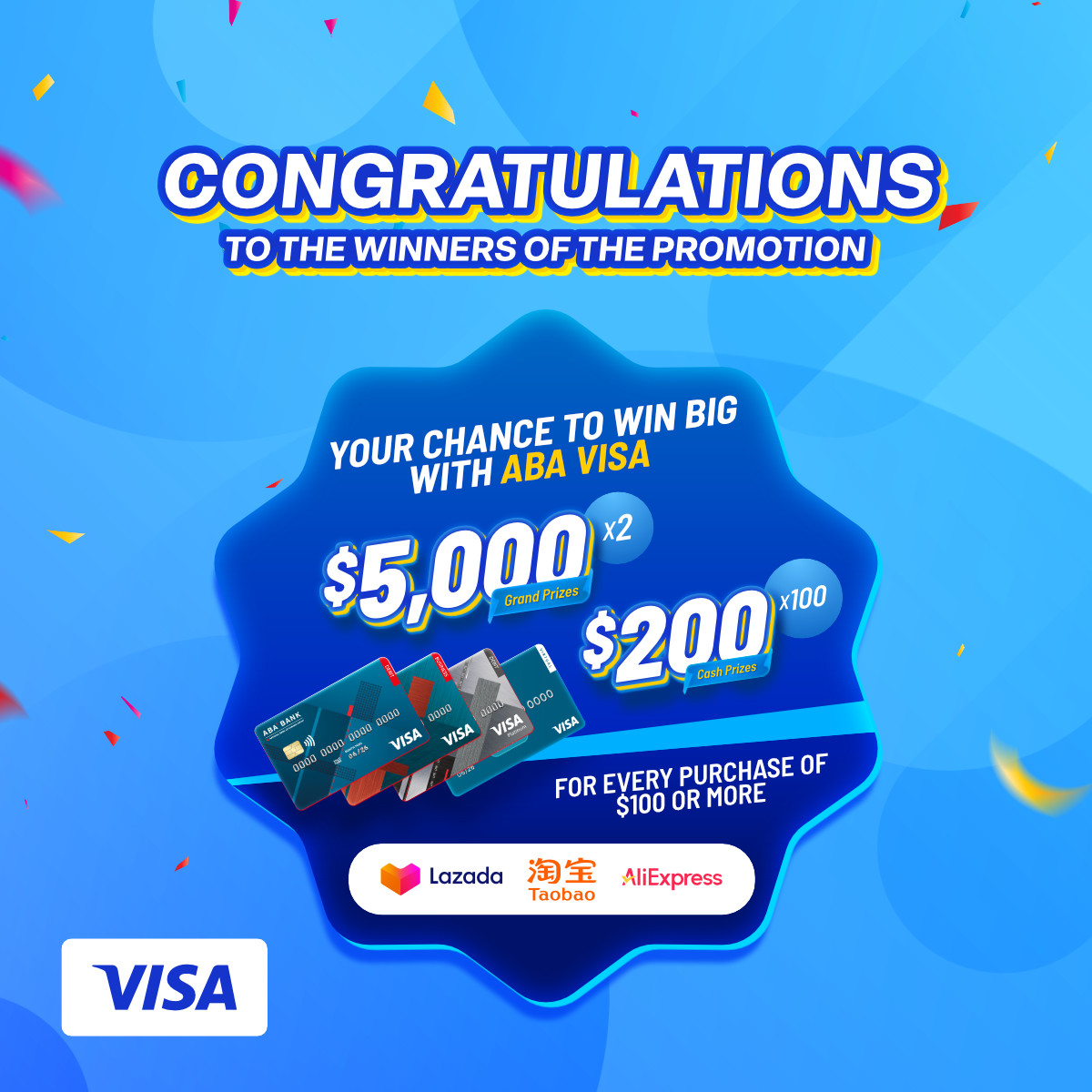 Congratulations​ to​ the​ first​ round​ of​ winners​ of​ the​ “Win​ up​ to​ $5,000​ from​ online​ shopping​ experience​ with​ the​ ABA​ Visa​ Card”​ Promotion”!​
